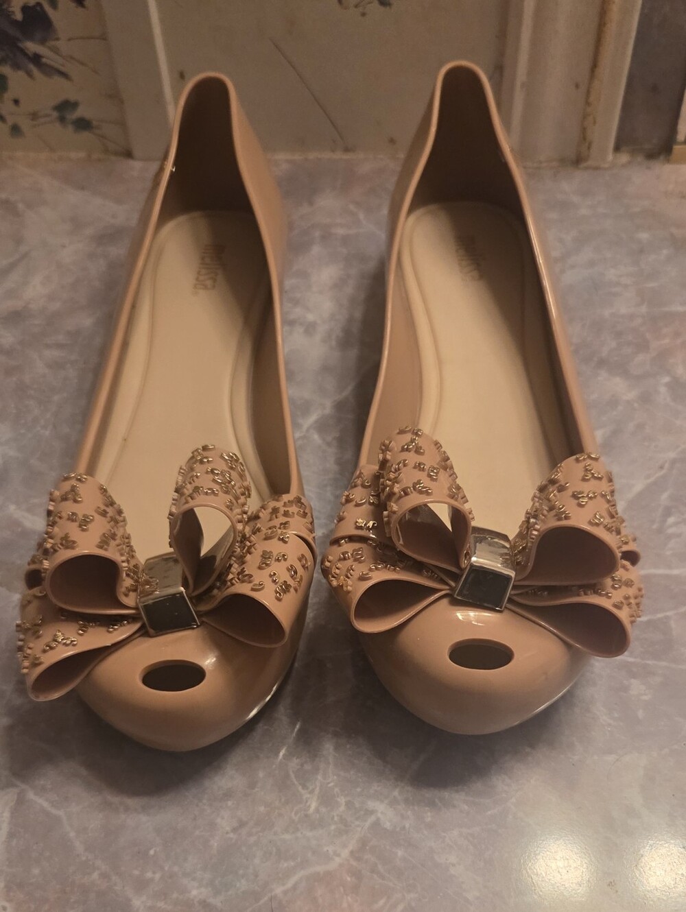 Melissa Beige Bow-Embellished Jelly Flats